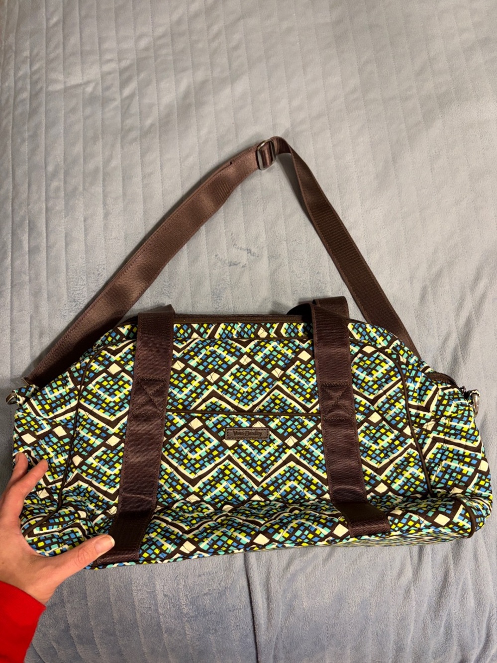 Vera Bradley Brown Strap Small Travel Duffel with Multicolor Geometric Print